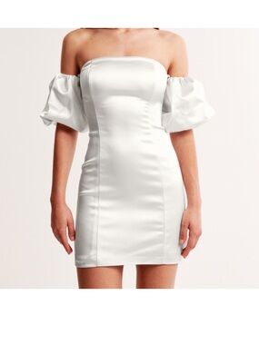 Abercrombie & Fitch White Strapless Satin Mini Dress with Puff Sleeves